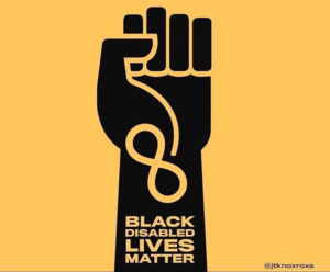 Een tekening van een zwarte vuist tegen een gele achtergrond. In de zwarte vuist staat de tekst 'black disabled lives matter'