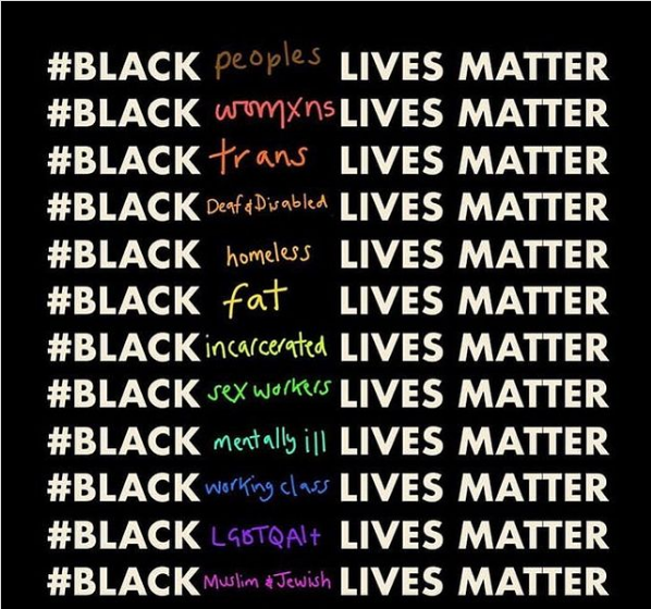 Black peoples, womxns, trans, deaf & disabled, homeless, fat, incarcerated, sex workers, mentally ill, working class, LGBTQAI+, muslim & jewish Lives Matter in white letters against a black background. The identities are in rainbow colors