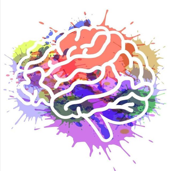 afbeelding van een met witte strepen getekend brein over een verzameling van verfvlekken in allemaal verschillende kleuren