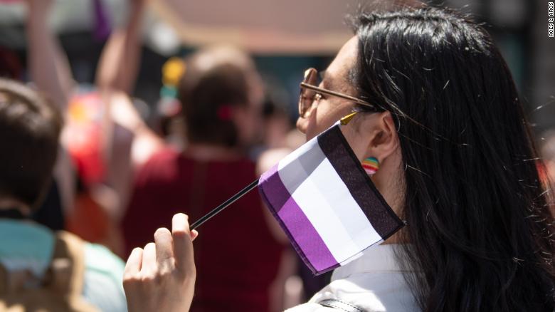 foto van een persoon met lang donker haar en een zonnebril, van de zijkant gezien. de persoon heeft een asexuality pride vlag in hun hand en een ronde oorbel met strepen in verschillende kleuren.