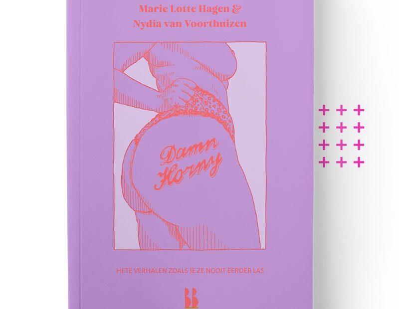 De cover van het boek Damn Horny. Het is paars met een silhouet van de billen en taille van een vrouw. In oranje letters staat op de bil de titel Damn Horny.